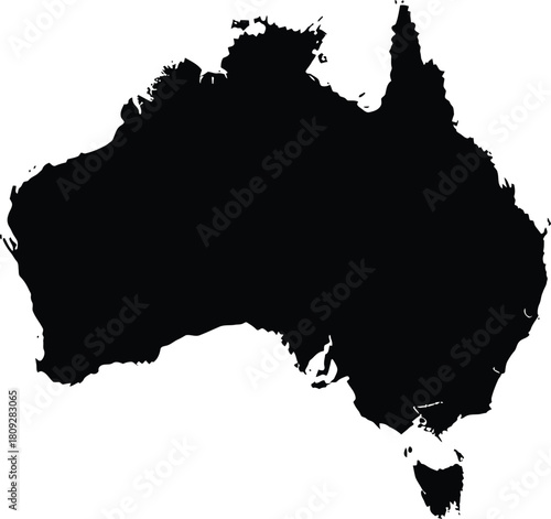 Australia map silhouette, a black outline of the continent isolated on white background