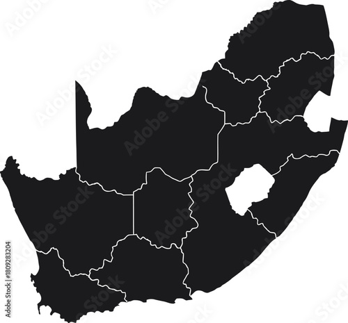 Political map of south africa with provincial borders, a black silhouette isolated on white background