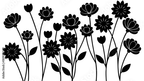 Elegant floral arrangement featuring black silhouette flowers on a white background creating a minimalist and modern botanical design perfect for backgrounds and decorative elements