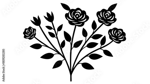 Elegant floral arrangement featuring roses and buds in a minimalist black and white design perfect for backgrounds and decorative elements with a modern sophisticated aesthetic