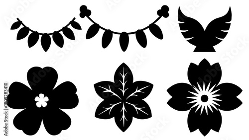 Elegant floral silhouettes featuring blossoms leaves and decorative garland for creative design projects and artistic compositions with a minimalist aesthetic and botanical theme