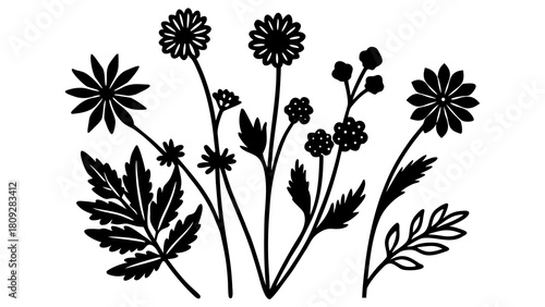 Elegant floral arrangement with stylized black flowers and leaves on a white background creating a simple yet sophisticated botanical design perfect for backgrounds and decorative elements