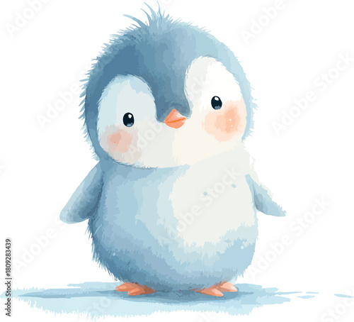 Charming watercolor depiction of a fluffy baby penguin standing adorably in soft artistic detail - vector illustration
