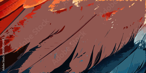 Abstract feathered texture with warm red orange and blue tones