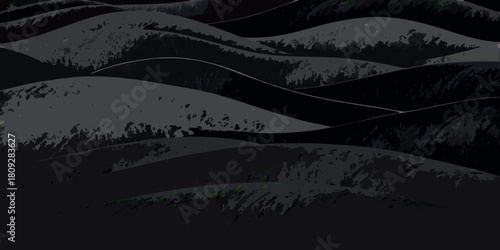 Abstract dark landscape with rolling hills and textured surface