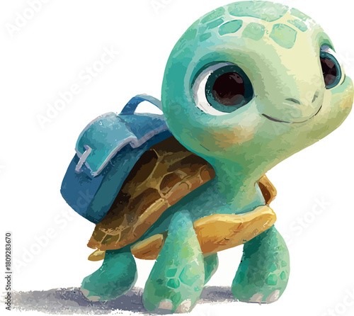 Playful watercolor interpretation of a cute cartoon turtle character carrying a small backpack happily - vector illustration