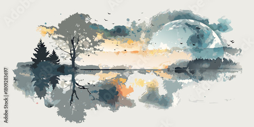 Watercolor landscape with moon trees and lake reflection