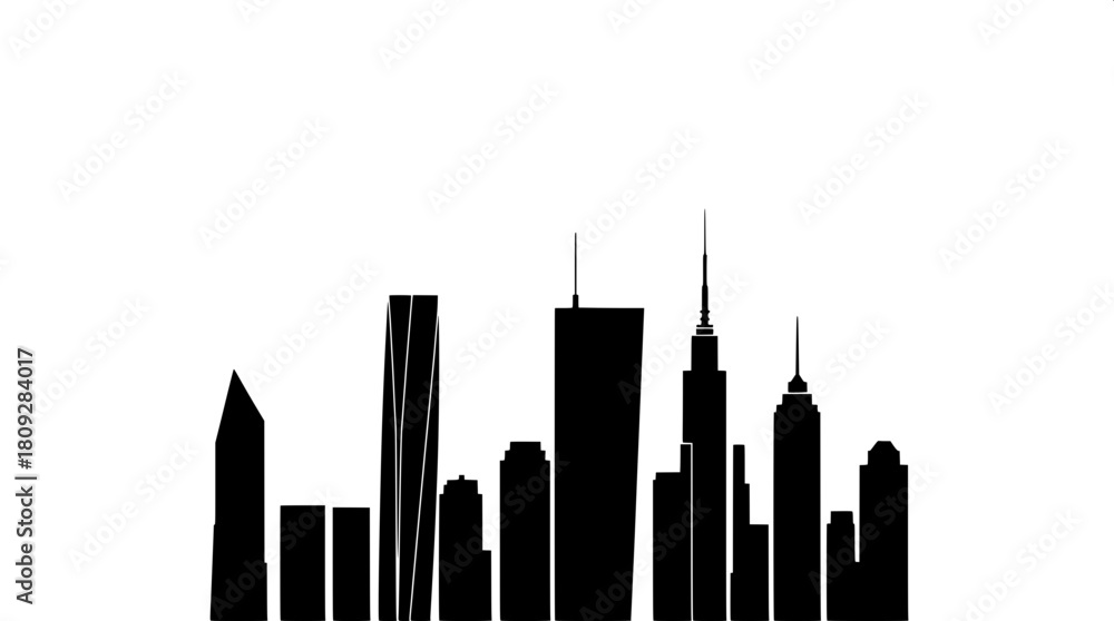 Obraz premium Silhouette of a compact skyscraper cluster with sleek angular lines and minimalist details, rendered in black shapes against a crisp white background, showcasing a clean modern vector look with precis