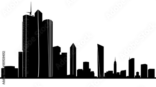 Silhouette of a compact skyscraper cluster with sleek angular lines and minimalist details, rendered in black shapes against a crisp white background, showcasing a clean modern vector look with precis