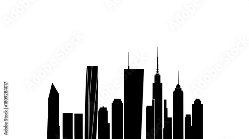 Silhouette of a compact skyscraper cluster with sleek angular lines and minimalist details, rendered in black shapes against a crisp white background, showcasing a clean modern vector look with precis