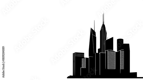 Silhouette of a compact skyscraper cluster with sleek angular lines and minimalist details, rendered in black shapes against a crisp white background, showcasing a clean modern vector look with precis