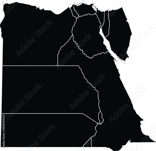 Black silhouette map of egypt showing internal administrative borders, isolated on white background