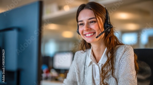 Smiling Young Woman Wearing Headset at Office Desk