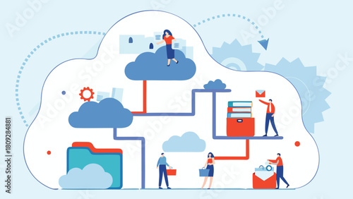 Modern digital illustration of a data cloud storage system with network connections and abstract elements representing cloud computing and data transfer