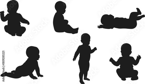 Baby silhouettes in various poses, infant development stages, toddler growth, child milestones, crawling, sitting, standing, baby posture art, childhood motion