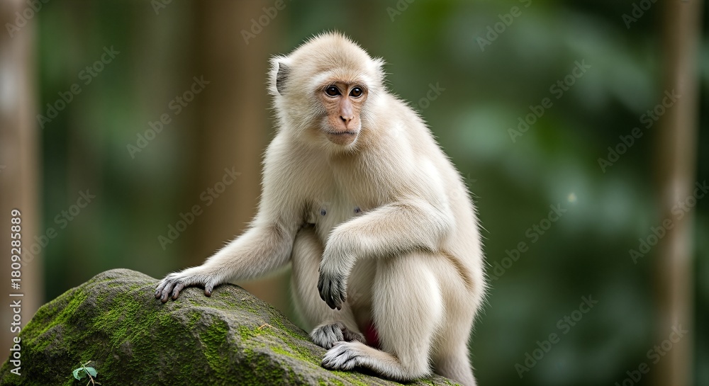 Fototapeta premium Albino monkey perched on mossy rock.