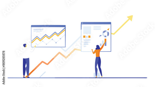 Diverse team of executives collaborating and analyzing futuristic digital dashboards with key performance indicators and data visualizations in a modern office setting