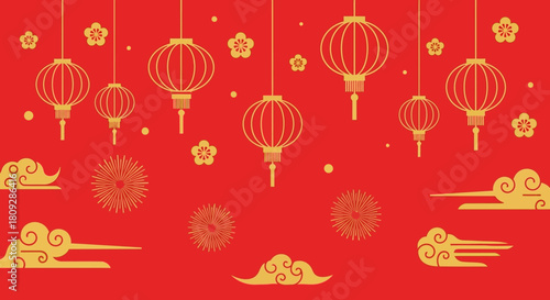 A vibrant red background adorned with traditional gold Chinese lanterns, plum blossoms, and auspicious cloud patterns, evoking a festive and celebratory atmosphere.