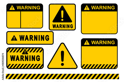 Industrial Warning Labels Set in Yellow and Black with Blank Space for Custom Text – Flat Vector Safety Icons Isolated on White Background
