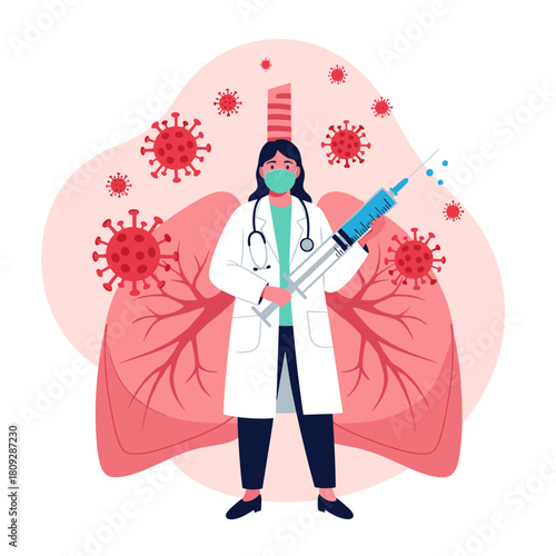 Doctor with Syringe Fighting Coronavirus Affecting Lungs.