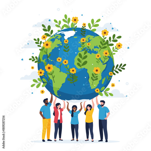 People Holding Up The Earth With Flowers And Leaves.