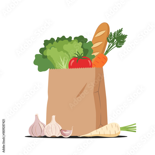 Paper bag filled with fresh vegetables and bread.