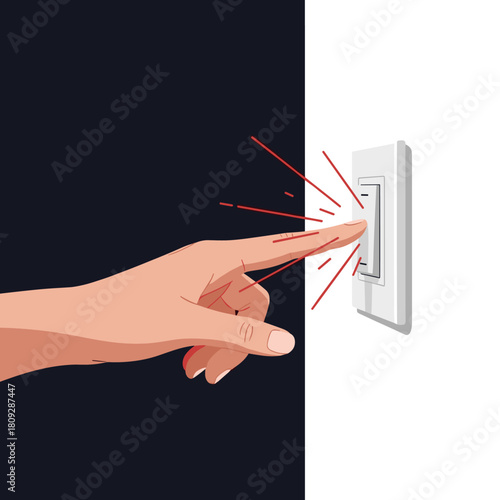 Finger pressing a light switch with red energy lines.