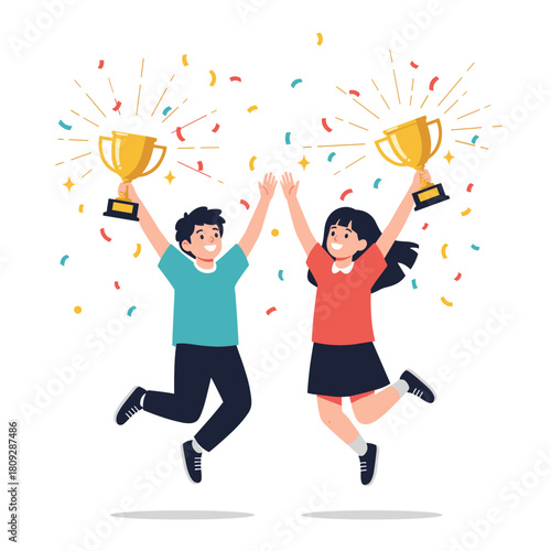 Two Happy Children Jumping With Trophies and Confetti.