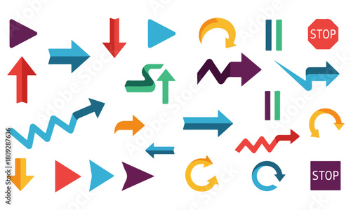 Collection of Colorful Flat Arrows and Stop Signs Pointing in Various Directions