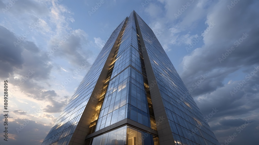 Fototapeta premium A striking modern glass skyscraper viewed from a low angle with reflections in its facade against a dramatic twilight sky filled with clouds