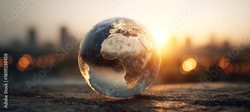 Fototapeta Naklejka Na Ścianę i Meble -  Globe sunrise earth horizon bokeh Warm sunrise globe earth horizon bokeh glow evokes hope