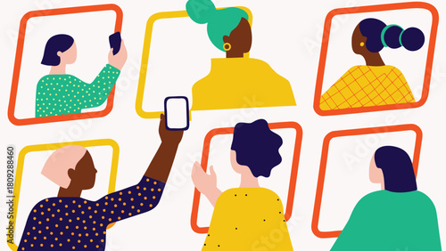 Vibrant futuristic character design composition featuring diverse individuals in a colorful dynamic and imaginative scene with bold graphic elements and a modern aesthetic