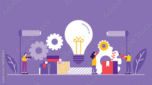 A futuristic character concept design showcasing an innovative invention with a small stylized figure interacting with advanced technology in a vibrant imaginative scene