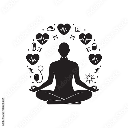 Silhouette of person meditating surrounded by health icons