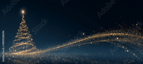 Golden christmas tree star glow swirl, festive sparkle, dark background, joyful mood