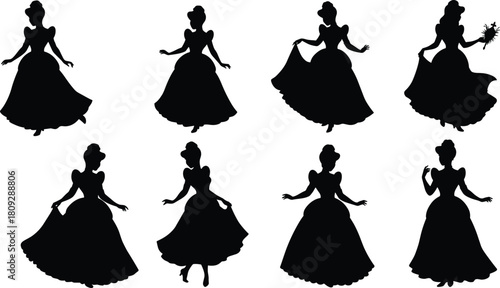 Ball gown silhouettes, elegant dress outline, princess fashion, royal costume, fantasy character, evening gown, formal wear, stylish figure, fashion art, luxury design