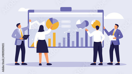 Diverse group of people engaged in a detailed statistical data visualization discussion highlighting collaboration and analysis