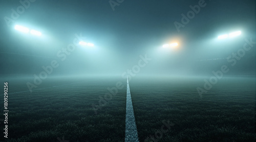 Foggy Stadium Spectacle: An atmospheric shot captures a football stadium engulfed in a mysterious fog, illuminated by bright stadium lights, with a clear focus on the pitch lines.
