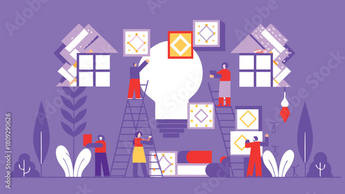 Minimalist 3d illustration of diverse people collaborating to construct a giant abstract structure symbolizing teamwork and innovation in a modern clean aesthetic