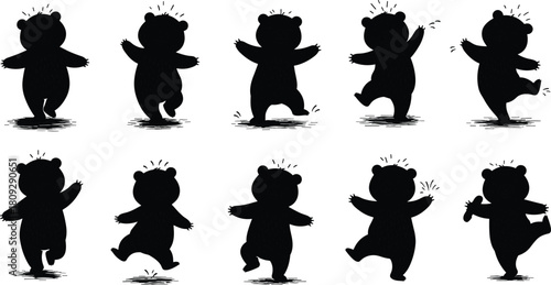 Bear silhouette dance poses, playful character motion sequence, funny animal movement illustration, whimsical bear shadow art, creative cartoon design concept
