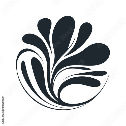 Minimalist abstract floral splash emblem in black on white background