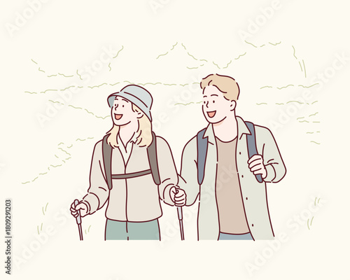 Young man and woman mountain climbers with backpacks during nature adventure Original vector illustration drawn by hand.
