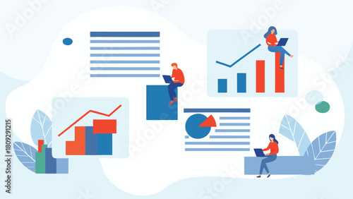 Minimal flat illustration of diverse business characters collaborating in a modern office environment showcasing teamwork and professional interaction