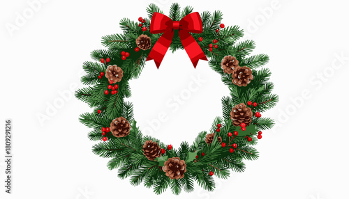A festive Christmas wreath adorned with pine cones, red berries, and a bright red bow, perfect for holiday decoration.
