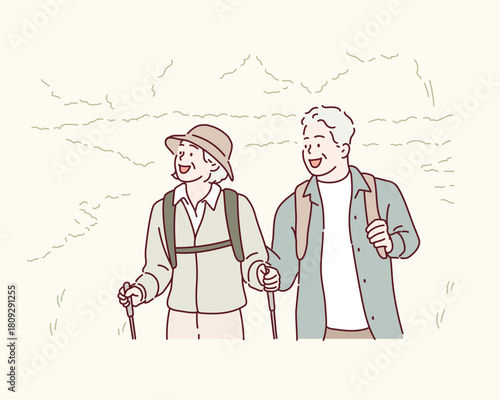 Elderly couple mountain climbers with backpacks during nature adventure Original vector illustration drawn by hand.
