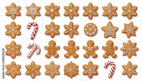 A festive assortment of gingerbread cookies in various shapes including snowflakes, stars, and gingerbread men, along with candy canes, arranged on a white background.
