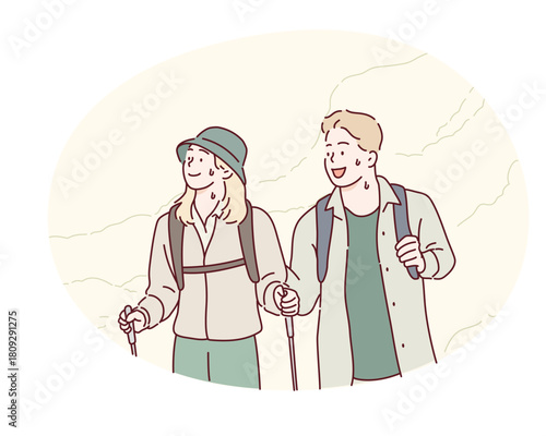 Young man and woman mountain climbers with backpacks during nature adventure Original vector illustration drawn by hand.