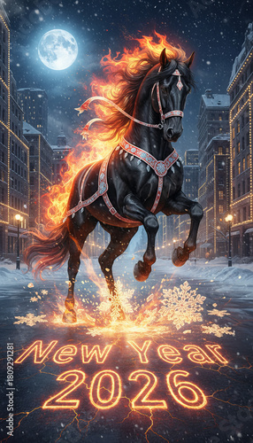 The Red Fire Horse is the symbol of 2026. A vector postcard of a horse on New Year's Eve, against the backdrop of a house and a Christmas tree with presents.