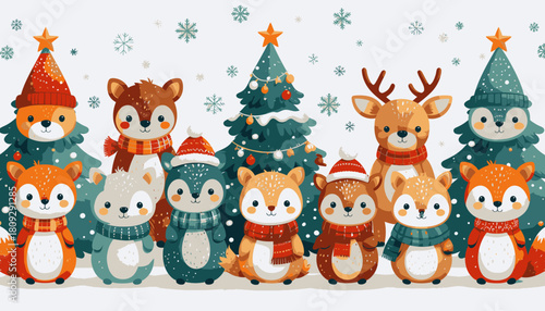 A group of cute cartoon woodland animals including foxes, a deer, and penguins celebrating Christmas in a snowy winter scene.