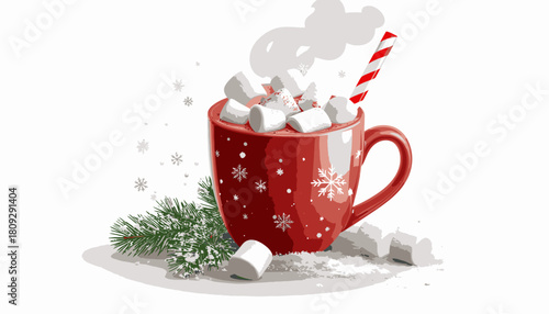 A festive red mug of hot chocolate with marshmallows, a candy cane, and a snowy pine branch.